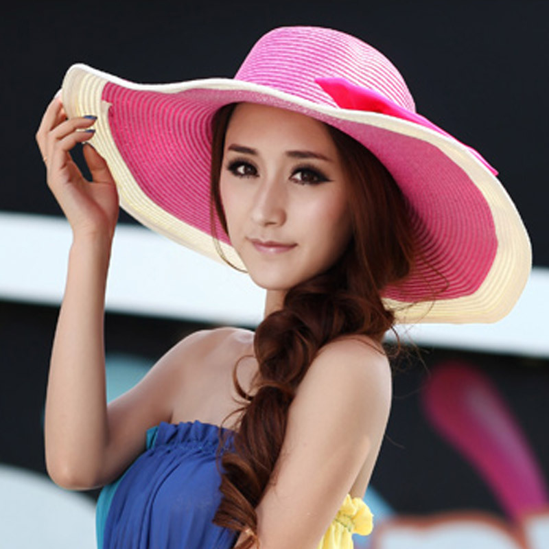 Summer women's magicaf folding beach sunbonnet personalized bow big sun hat strawhat