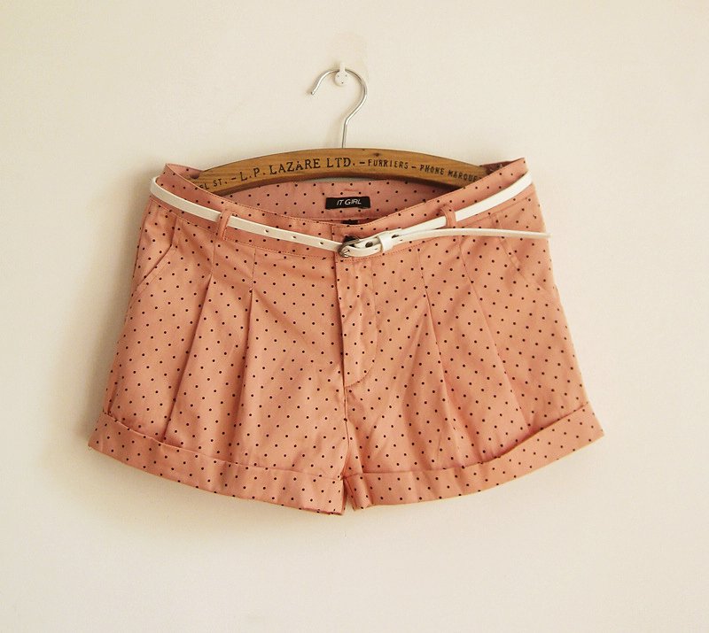 Summer women's polka dot pocket shorts navy blue pink with belt