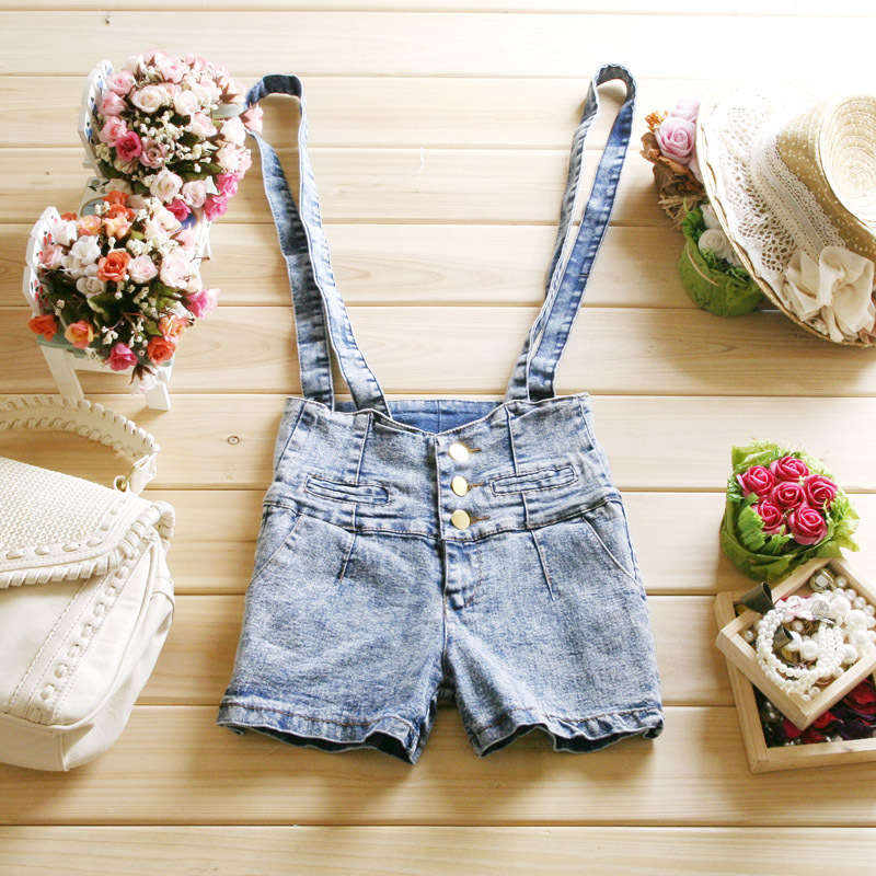 Summer women's retro finishing water wash bib pants denim shorts slim elastic jeans