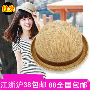 Summer women's round pots cap straw braid hat roll-up hem fedoras sunbonnet beach hat