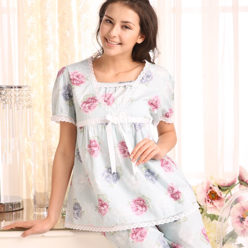 Summer women's short-sleeve sleepwear sweet princess woven 100% cotton fabric lounge twinset 1523