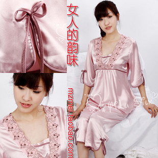 Summer women's sleepwear spring and autumn faux silk summer silk lounge Women summer spring twinset