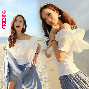 Summer women's slit neckline double layer ruffle strapless chiffon shirt slim t-shirt white female short-sleeve top
