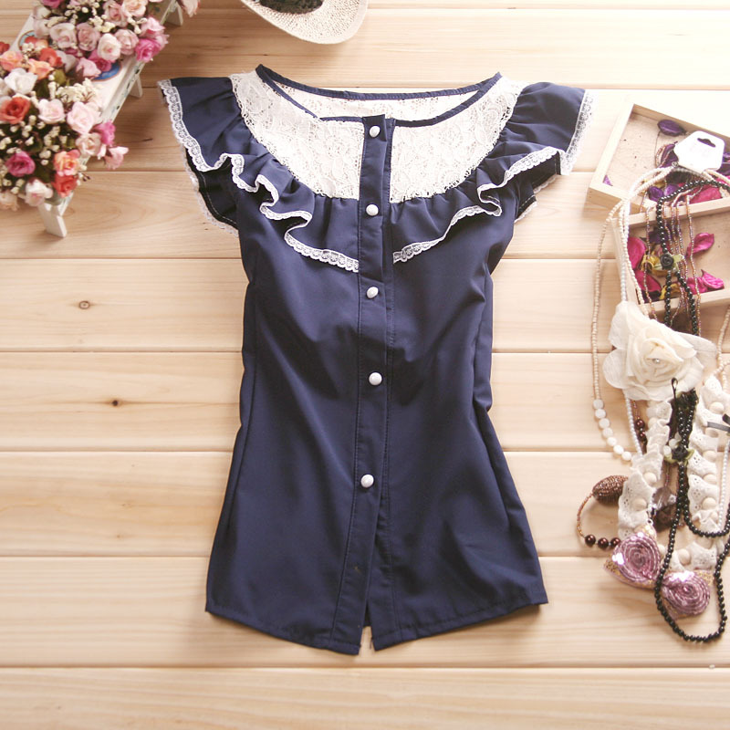 Summer women's sweet princess o-neck peter pan collar lace ruffle laciness slim chiffon shirt top