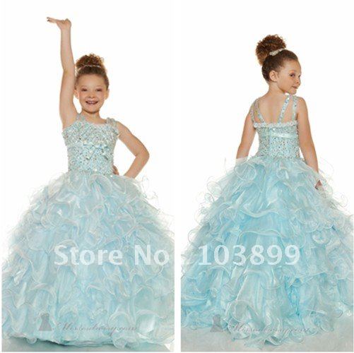 Sumptuous Ball Gown Square Neck Blue Organza Beaded Puffy Flower Girl Dress