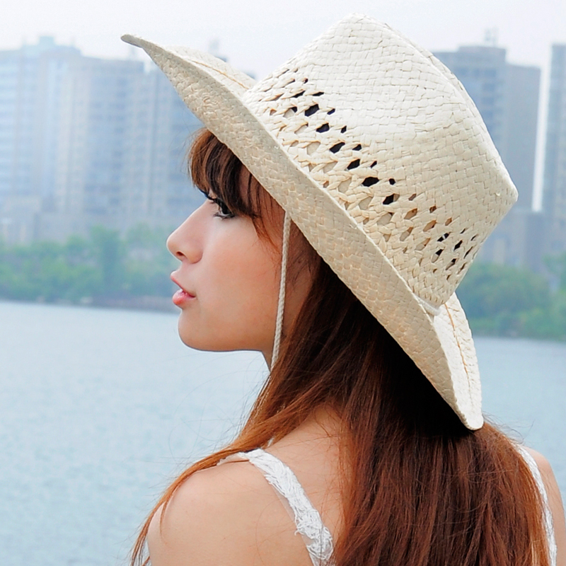 Sun hat hand-knitted cutout mesh wide brim straw braid hat cowboy strawhat male women's general fedoras beach cap