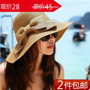 Sun hat large brim hat beach cap sunbonnet sun hat female summer strawhat folding double bow