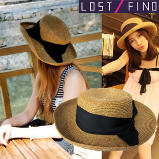 Sun-shading hat female summer flat straw braid hat bow roll-up hem strawhat summer hat