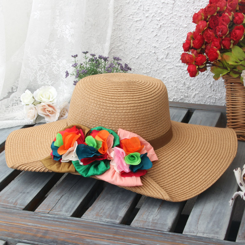 Sunbonnet beach cap big strawhat hat big along the cap roll up hem cap flower