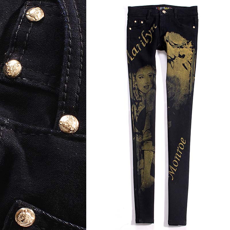 Sunday best black purported head portrait perfect heat press women's low-waist small end-to-end jeans trousers
