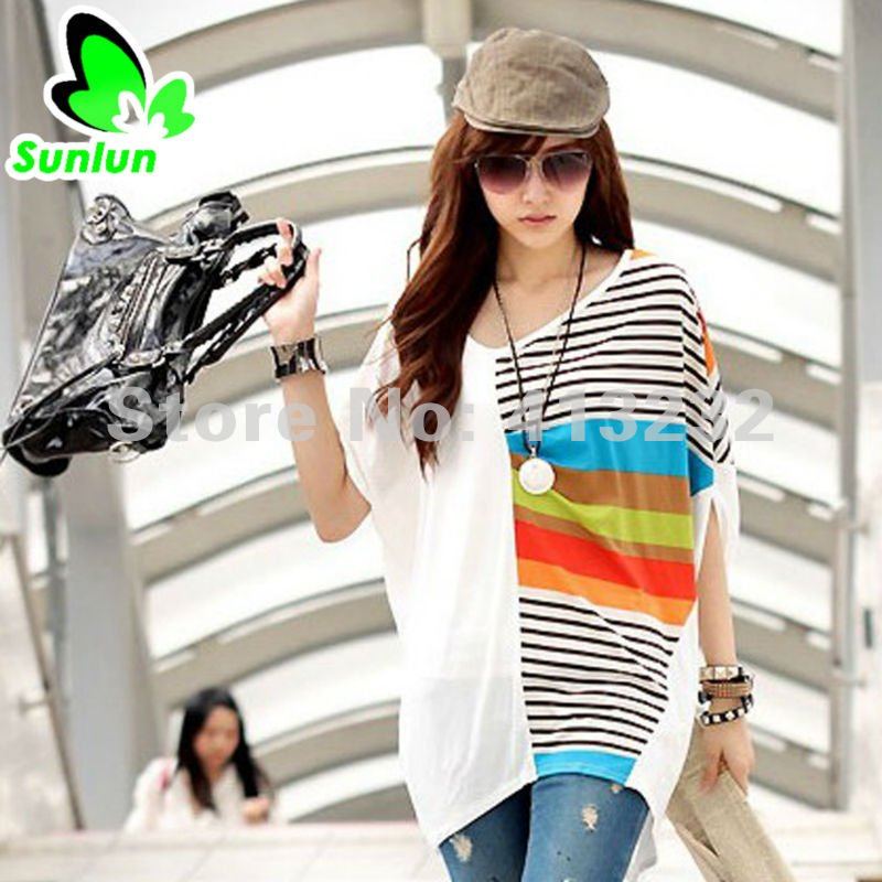 Sunlun Fantasy Zone Free Shipping Ladies' Fashion Color Bar Splicing Blouse Three Colors Available Women Shirt