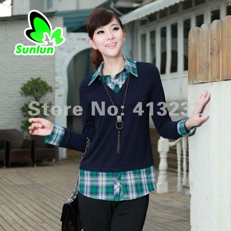 Sunlun Fantasy Zone Free Shipping Ladies' Fashion Plaid Stitching False Two-piece Sweater Women Knitwear Two Colors