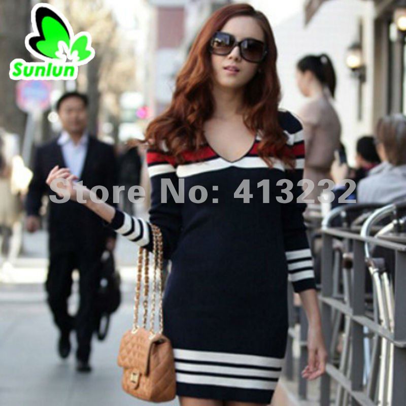 Sunlun Fantasy Zone Free Shipping Ladies' Korean Version  Contrast Color Slim Sweater Women Clothing 2012 New Arrival
