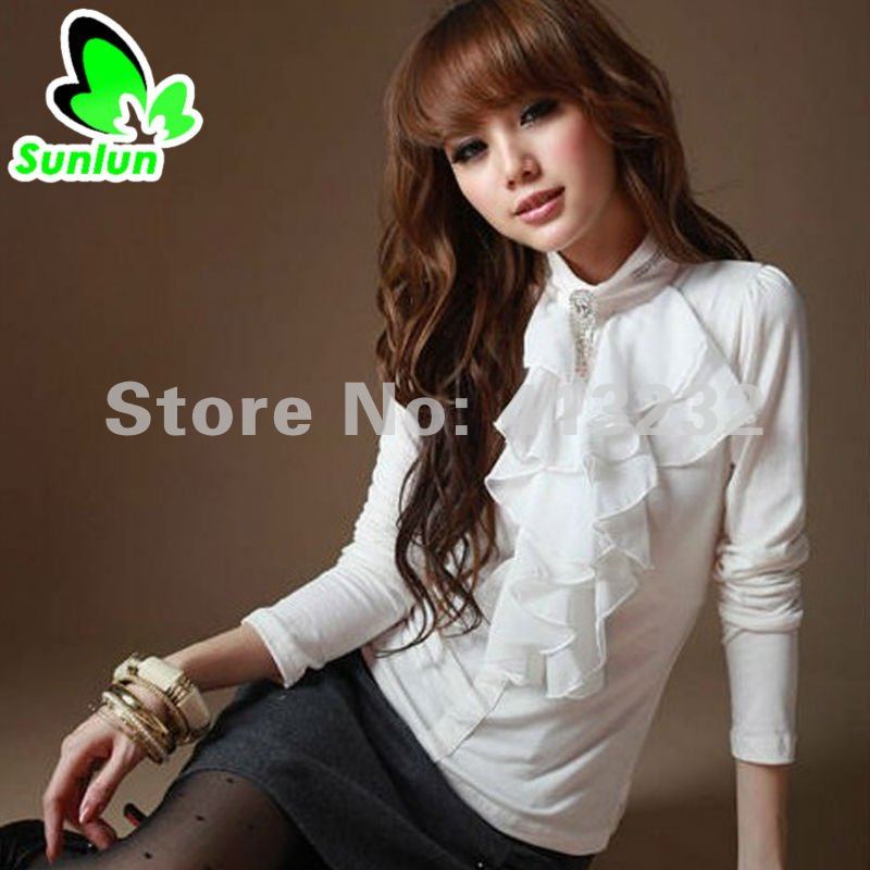 Sunlun Fantasy Zone Free Shipping Ladies' Korean Version Stand-up Collar Slim Shirt Black Or White Color Shirt Women