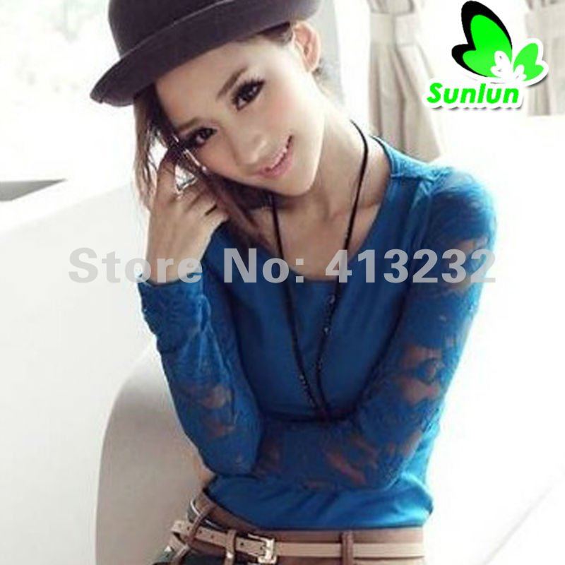 Sunlun Fantasy Zone Free Shipping Ladies' Wild Sexy Lace Shirt Two Colors Available Fashion Women Shirt