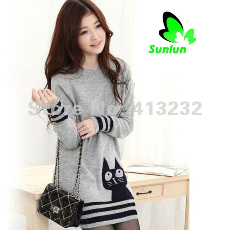 Sunlun Fantasy Zone Ladies' Fashion Korean Cat Pattern Long Sweater Women Knitwear 2012 New Free Shipping