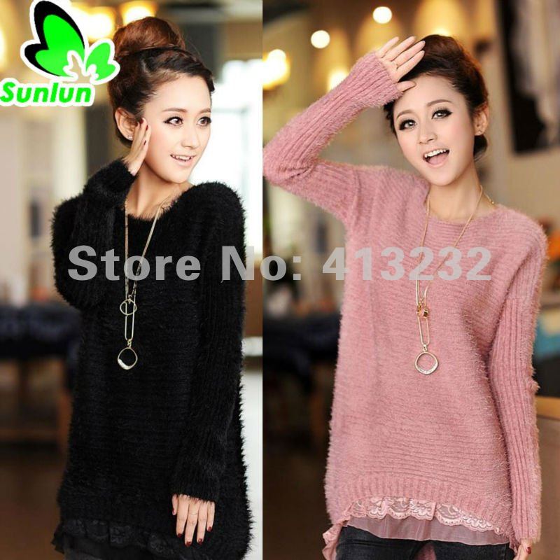 Sunlun Fantasy Zone Ladies' Fashion Korean Lace Long Sleeve Fuzzy Knitwear Autumn Sweater Women 2012 New Free Shipping