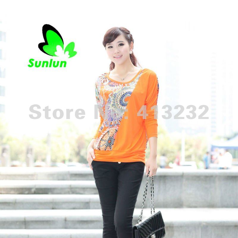 Sunlun Fantasy Zone Ladies' Fashion Pringting Chiffon Split Joint Long Sleeve Bat Shirt Women Blouses Free Shipping