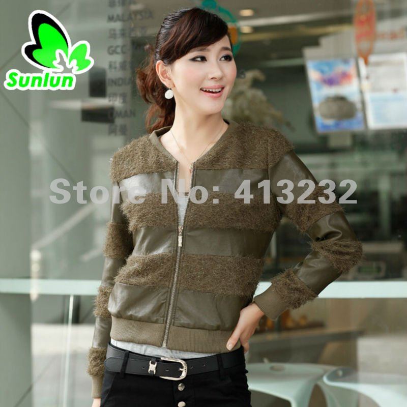 Sunlun Fantasy Zone Ladies' Fashion Round Collor Split Joint Short Leather Jacket Women Slim Outwear Autumn Coat Free Shipping