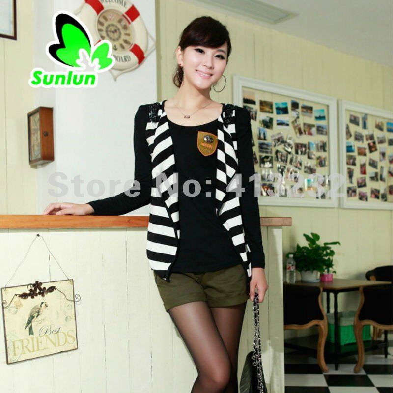 Sunlun Fantasy Zone Ladies' Fashion Stripe Waistcoat Long Sleeve Two Piece Dress Women Shirt Free Shipping