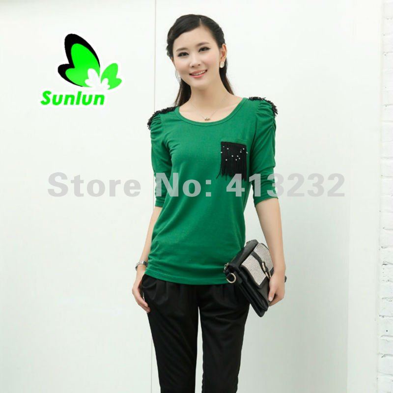 Sunlun Fantasy Zone  Ladies' Fashion Tassel Shoulder Knot Decorated Half Sleeve Shirt Women Blouses Free Shipping