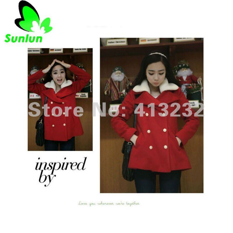 Sunlun Fantasy Zone Women' Korean Double-Breasted Fur Collar Long Section Woollen Coat Women Coat Free Shipping