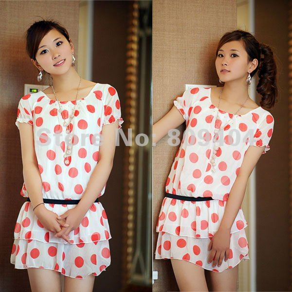 Sunlun Free Shipping 2012 New Arrival Ladies' Dot pattern Chiffon Dress/Women's  Straight Type Double-layered Dress