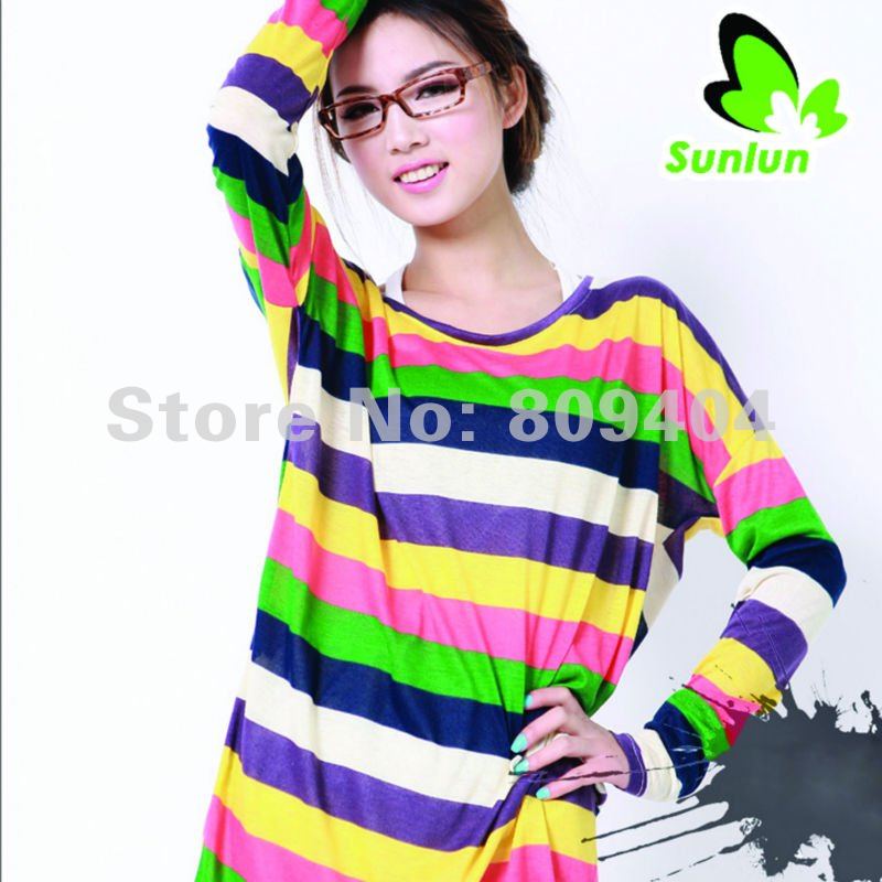 Sunlun Free Shipping  Ladies' Colored StripesLong-sleeved Knit Shirt/Autumn Coat/Loose Style