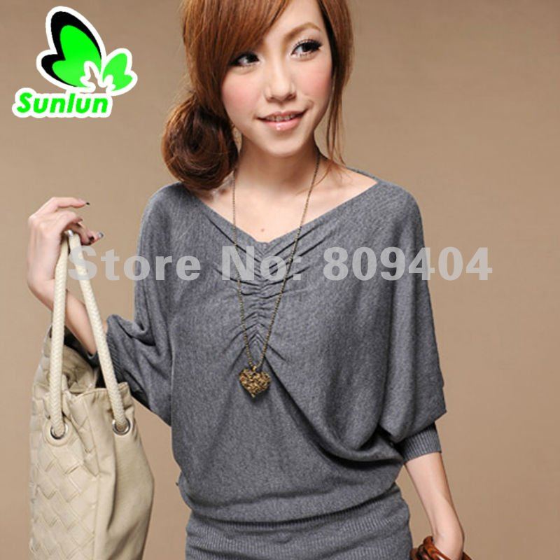 Sunlun Free Shipping Ladies' Fold  Sleeve V-neck Bottoming Shirt/Ladies Sweater/Bat Sleeve