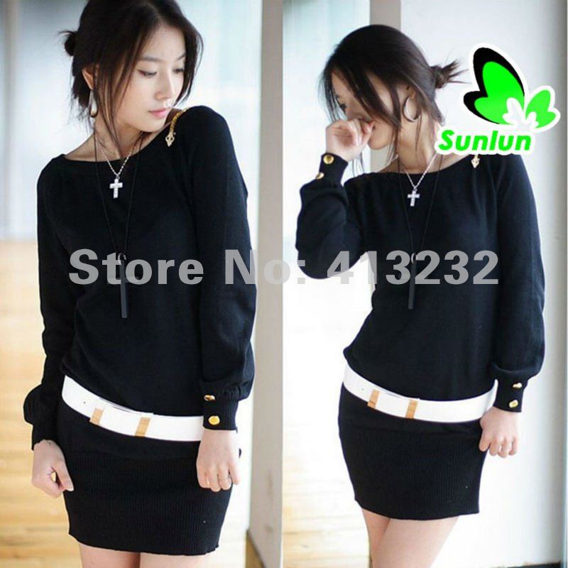 Sunlun Free Shipping Ladies Korean Slim Boat Neck Over Hip Base Shirt Knitwear Fashion Women Sweater 2012 New