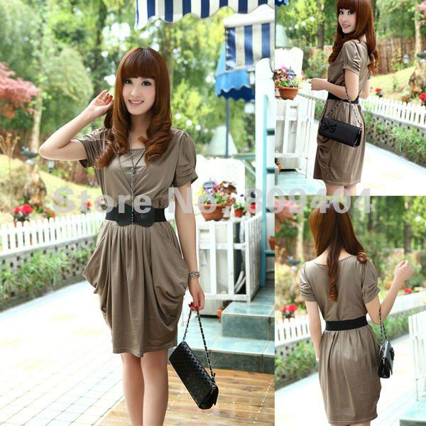 Sunlun Free Shipping Summer Ladies' Fashion Korean Style Package Hip Dress/Short-sleeved Round Neck Dress With Bowknot Belt