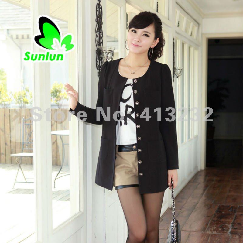 Sunlun Ladies' Elegant Fashion Round Neck Long Coat Women Coats Multi-pocket Free Shipping