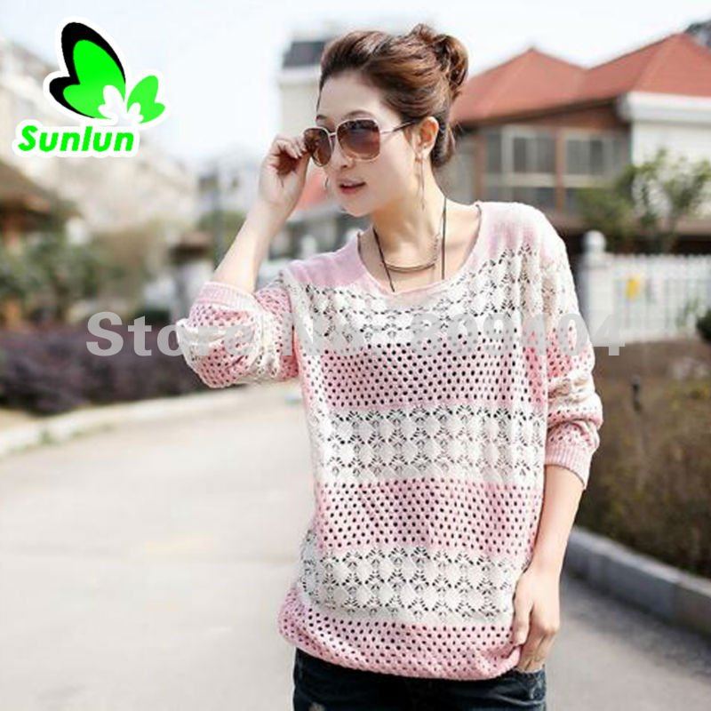 Sunlun Ladies' Leisure Hollow Sweater/Women Sweater/Korean Loose Stripes/Free Shipping