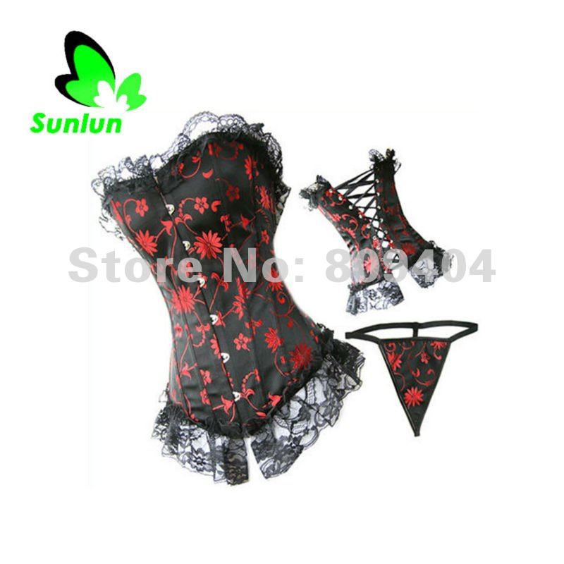 Sunlun Ladies' Sexy Hook Flower Black Lace Bustier G-String Women Corset Free Shipping