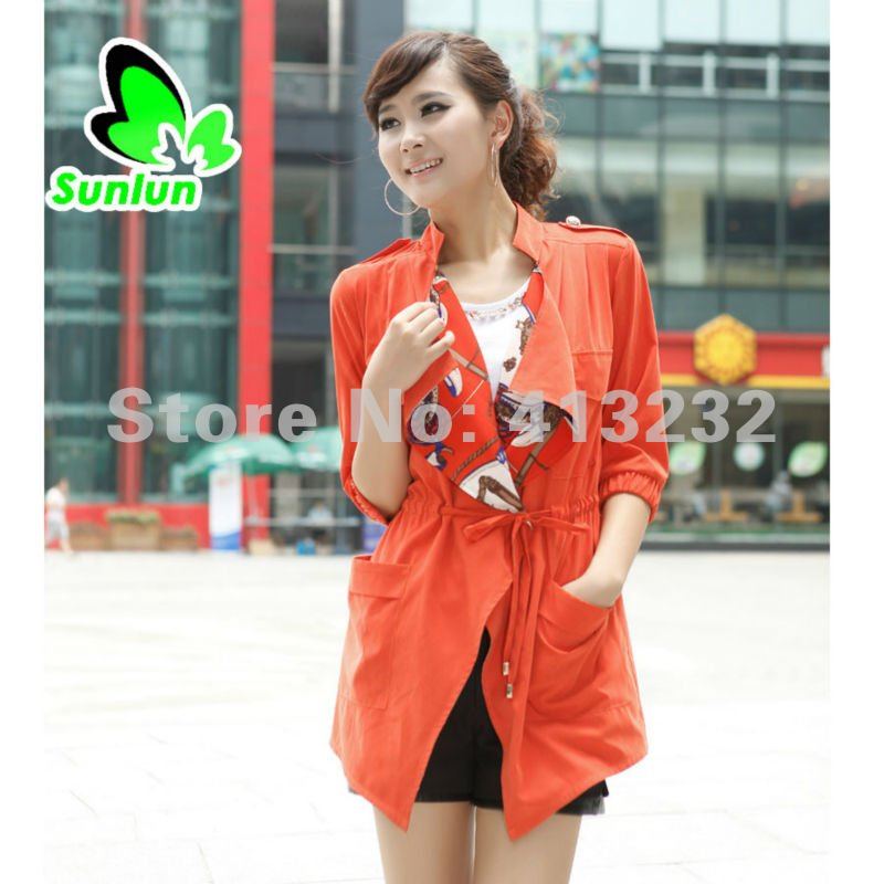 Sunlun Women's Elegant Fashion Waist Cording Half Sleeve Cardigan Coat Women Autumn Coat Ladies'  Windbreak Free Shipping