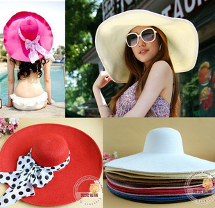 Sunscreen women's strawhat sunbonnet large brim sun hat beach sun-shading hat bandeaus