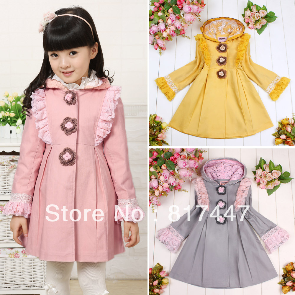 Sunshine 2012 medium-large girls clothing 100% cotton with a hood trench child medium-long outerwear