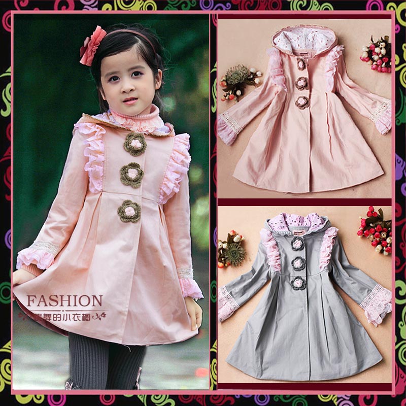 Sunshine 2013 autumn female child 100% cotton medium-long with a hood child trench outerwear