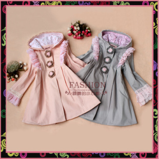 Sunshine 2013 spring female child 100% cotton medium-long with a hood trench outerwear
