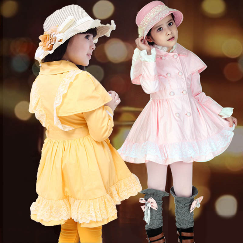 Sunshine 2013 spring girls clothing child 100% medium-large cotton medium-long trench outerwear