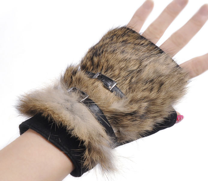 Super fashion women's fur semi-finger fashion gloves rabbit fur genuine leather gloves half wool gloves