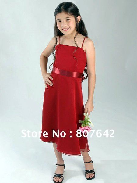 Super Hottest 2012 Custome sizes Red spaghetti strap tea-length flower girl dresses with sash Sky388