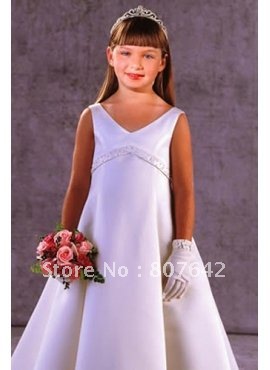 Super Hottest Cap sleeve v-neckline white satin flower girl dress with bow,party dresses with sash Sky403
