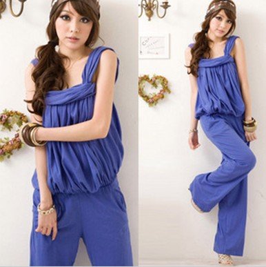 Super Star Fan Loose Jumpsuits Straight Leg Gallus Solid Black White Blue Fashion Summer Pleated Cotton Polyester