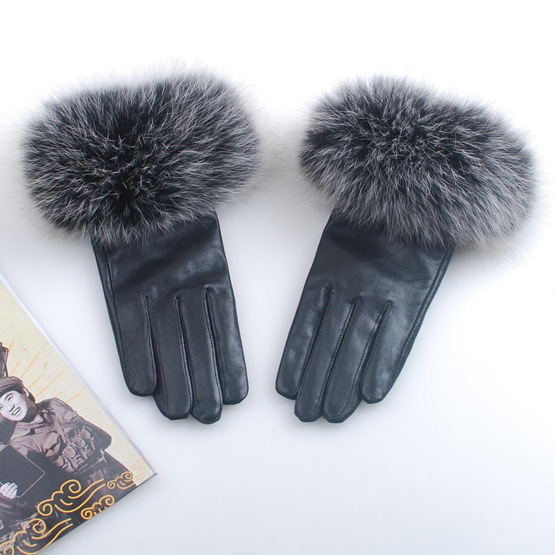 Super version of super large fox fur fashion gloves women's winter thermal thickening sheepskin genuine leather gloves