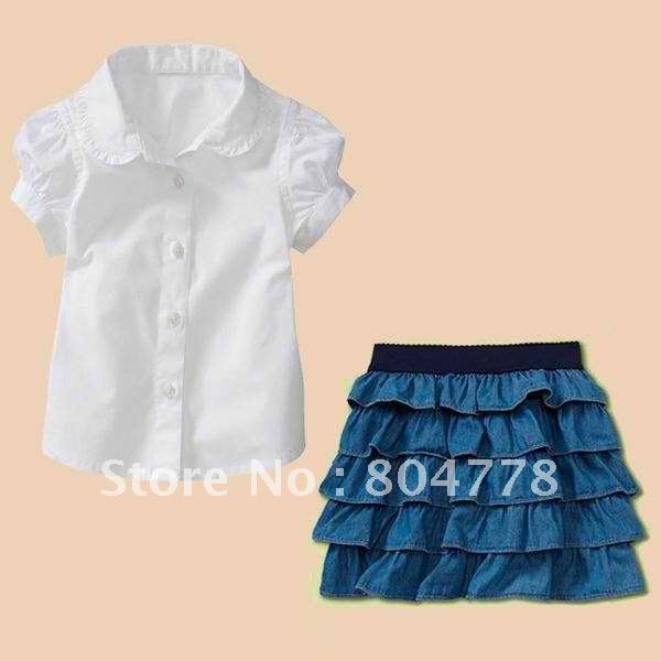 Supper beautiful and top quality, new baby girls 2-pcs suits white shirt + cake dresses girl summer clothing set