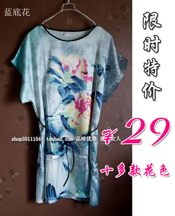 Suzhou silk robe clothing silk sleepwear batwing sleeve faux silk nightgown fashion lounge blue flowers