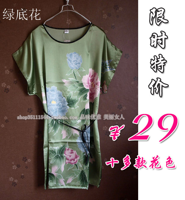 Suzhou silk robe sleepwear silk sleepwear batwing sleeve faux silk nightgown fashion lounge green flowers