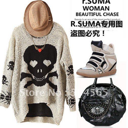 SW-012 Women's Knitted Skull Sweaters,Fashion Asymmetric Loose Pullovers,Winter Clothing Leasure Wear