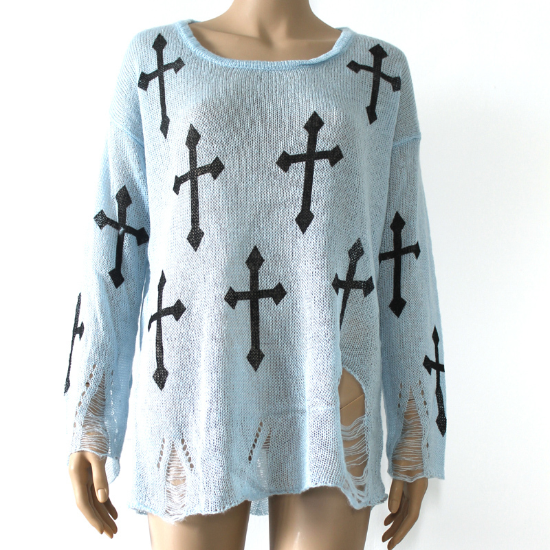 SW01 LOOSE Gothic Cross Distressed Frayed Jumper Hole Knitwear Sweater
